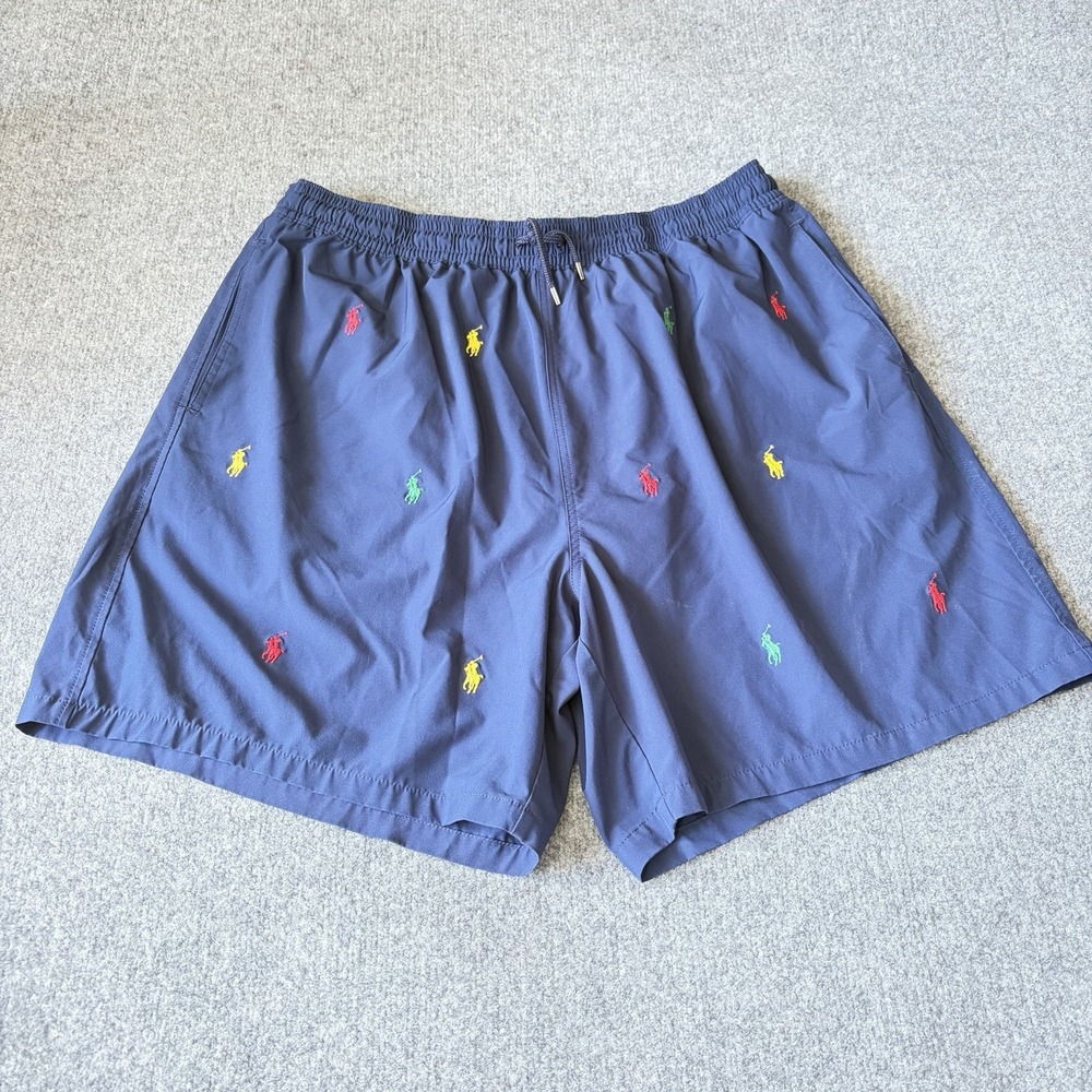 Polo Ralph Lauren Swim Trunks Men 2XLT Navy Multicolor Pony Embroidery Beachwear